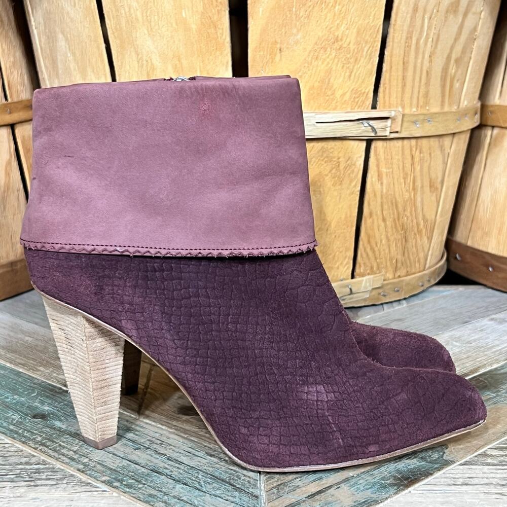 Matt Bernson Highline Burgundy Lizard Suede Nubuck Stacked Heel Boots Womens 7.5